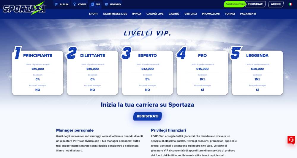 Sportaza VIP club per giocatori high rollers